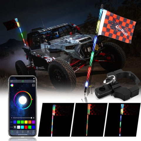 4FT RGB LED WHIP LIGHT WITH BLUETOOTH CONTROLLED + WHIP LIGHT MOUNTING BRACKETS FOR UTV, ATV, OFF-ROAD VEHICLE