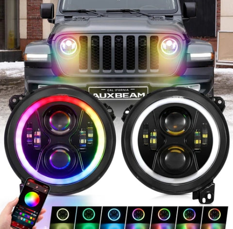 Upgraded 9 Inch Round LED Headlight with RGB Halo - Jeep Wrangler JL