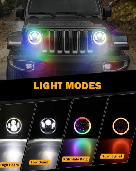 Upgraded 9 Inch Round LED Headlight with RGB Halo - Jeep Wrangler JL