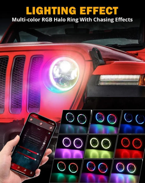 Upgraded 9 Inch Round LED Headlight with RGB Halo - Jeep Wrangler JL