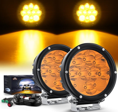5.7 Inch Amber LED Driving Light Round 50W Yellow Fog Lights w/ 16AWG DT Connector Wiring Harness IP68 Spot Flood Combo LED Work Lights for Offroad ATV UTV Truck Tractor