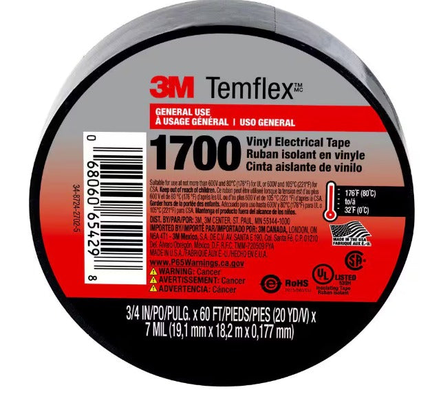 3M Temflex 3/4 in. x 60 ft. 1700 Electrical Tape Black