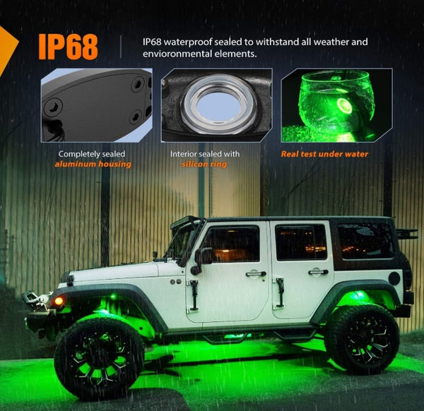 LED Rock Light Pods Waterproof Under Body Wheel Well Light Exterior Interior Lights for Car Truck Pickups ATV UTV SUV Motorcycle Boat, 4PCS Green