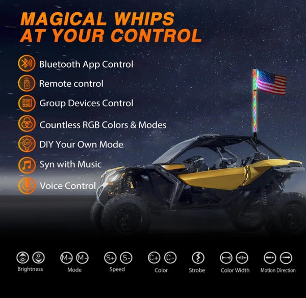 RGB Whip Light 1PC 4FT Lighted Antenna Whips with Remote & App Control DIY Chasing Patterns Brake Reverse Lights for ATV UTV Polaris RZR Can-am Dune Buggy Pickup Trucks Jeep