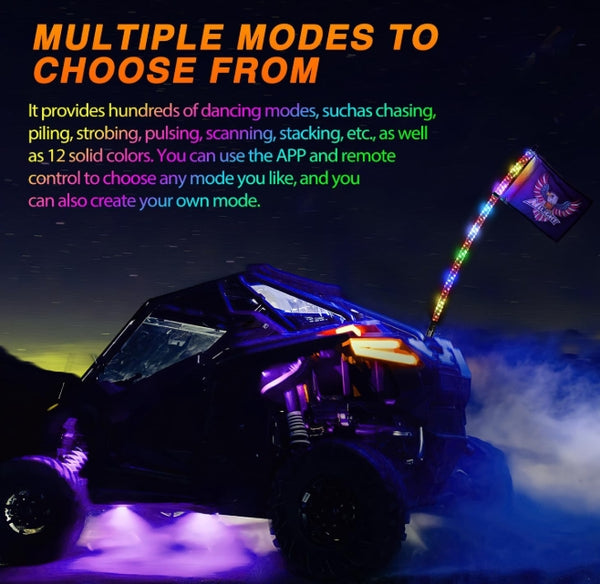 RGB Whip Light 1PC 4FT Lighted Antenna Whips with Remote & App Control DIY Chasing Patterns Brake Reverse Lights for ATV UTV Polaris RZR Can-am Dune Buggy Pickup Trucks Jeep