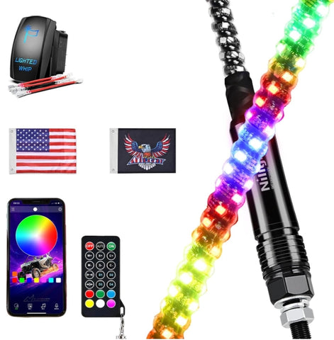 RGB Whip Light 1PC 4FT Lighted Antenna Whips with Remote & App Control DIY Chasing Patterns Brake Reverse Lights for ATV UTV Polaris RZR Can-am Dune Buggy Pickup Trucks Jeep