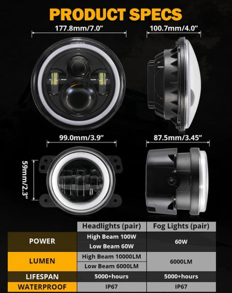 RGB 7 Inch Headlights + 4 Inch Fog Lights Combo for Jeep Wrangler JK with APP Control
