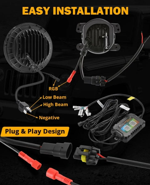 RGB 7 Inch Headlights + 4 Inch Fog Lights Combo for Jeep Wrangler JK with APP Control