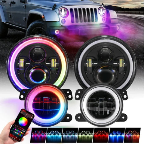 RGB 7 Inch Headlights + 4 Inch Fog Lights Combo for Jeep Wrangler JK with APP Control