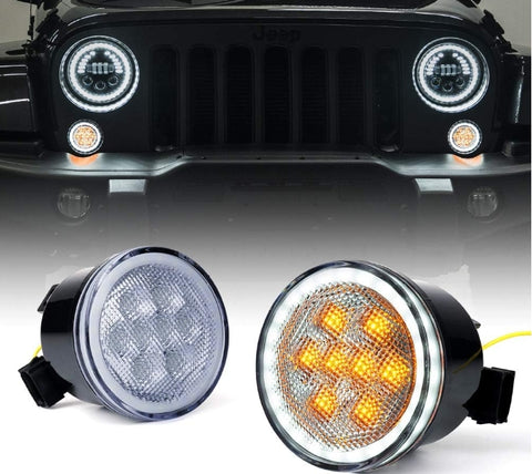 LED Turn Signal Lights with White Halo, Plug & Play Front Grille Parking Lights Compatible with 2007-2018 Jeep Wrangler JK JKU,Clear Lens