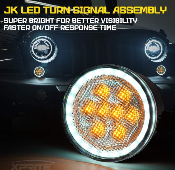 LED Turn Signal Lights with White Halo, Plug & Play Front Grille Parking Lights Compatible with 2007-2018 Jeep Wrangler JK JKU,Clear Lens