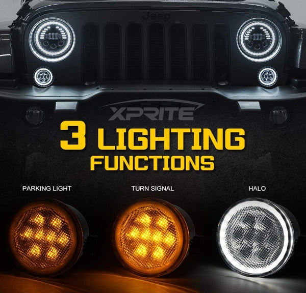LED Turn Signal Lights with White Halo, Plug & Play Front Grille Parking Lights Compatible with 2007-2018 Jeep Wrangler JK JKU,Clear Lens