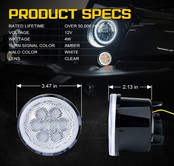 LED Turn Signal Lights with White Halo, Plug & Play Front Grille Parking Lights Compatible with 2007-2018 Jeep Wrangler JK JKU,Clear Lens