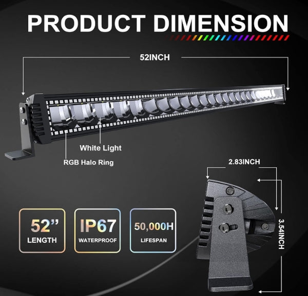 RGBW LED Light Bar 52'' inch 300W Flood Spot Combo Beam 2PCS 4 Inch 18W Flood RGB LED Pods with 16 Solid Colors Chasing RGB Halo Ring Changing with Strobe Flashing with Rocker Switch Wiring