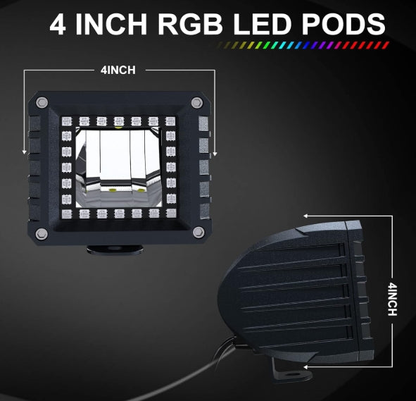 RGBW LED Light Bar 52'' inch 300W Flood Spot Combo Beam 2PCS 4 Inch 18W Flood RGB LED Pods with 16 Solid Colors Chasing RGB Halo Ring Changing with Strobe Flashing with Rocker Switch Wiring