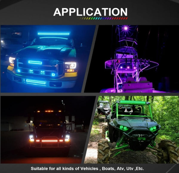 RGBW LED Light Bar 52'' inch 300W Flood Spot Combo Beam 2PCS 4 Inch 18W Flood RGB LED Pods with 16 Solid Colors Chasing RGB Halo Ring Changing with Strobe Flashing with Rocker Switch Wiring