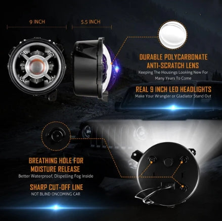(2pcs/set) 9 Inch RGB Headlights Replacement Bluetooth Control for Jeep Wrangler JL JLU Sport Rubicon Sahara Gladiator JT 2019 2020 w/ DRL