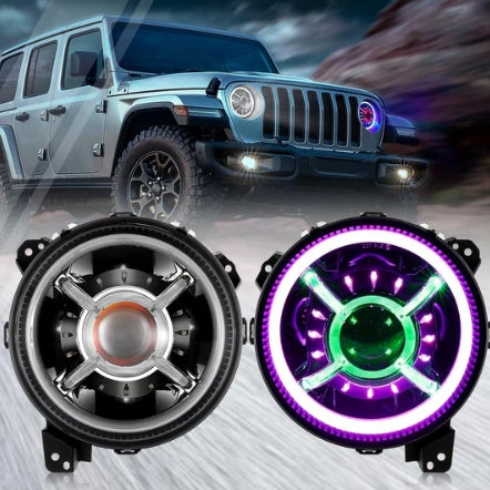 (2pcs/set) 9 Inch RGB Headlights Replacement Bluetooth Control for Jeep Wrangler JL JLU Sport Rubicon Sahara Gladiator JT 2019 2020 w/ DRL