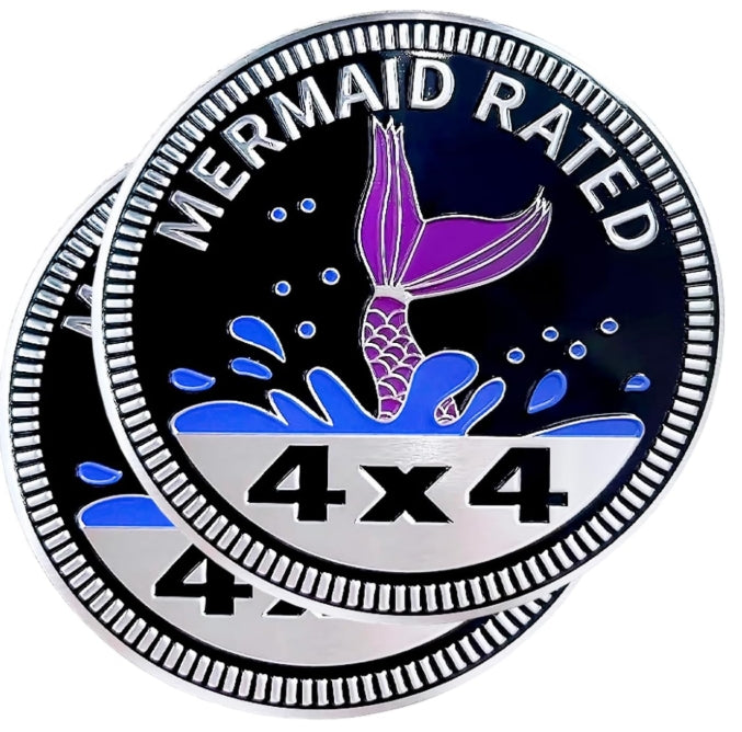 Mermaid Badge Rated Car Emblem, 4 x 4 Metal Automotive Badge, 3D Round Metal Car Badges Emblems, Car Badge Decals Stickers Compatible with Jeep Wrangler Vehicles Trucks SUV RV