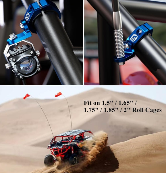 2PCS Whip Flag Mounts, Solid Aluminum Alloy UTV Whip Light Mount, Off-Road LED Light Bar Mounting Bracket, 360° Rotating Roll Bar Clamp Holder Fit on 1.5''/1.65'' /1.75''/1.85''/2'' Roll Cages