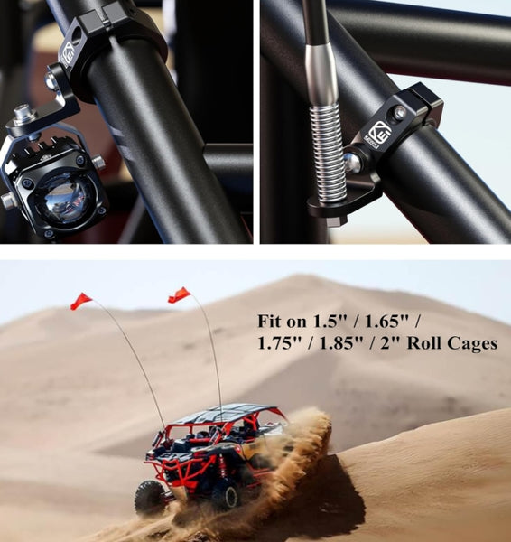 2PCS UTV Whip Light Mount, Solid Aluminum Alloy Whip Flag Mounts, Off-Road LED Light Bar Mounting Bracket, 360° Adjustable Roll Bar Clamp Holder Fit 1.5''/1.65'' /1.75''/1.85''/2'' Roll Cage