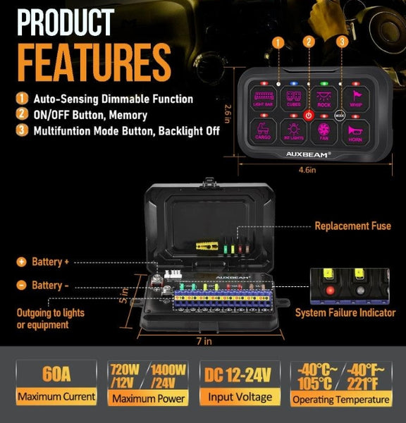 AR Series 6/8 Gang LED Switch Panel, Off-Road Light Controller