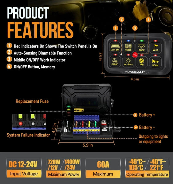 AR Series 6/8 Gang LED Switch Panel, Off-Road Light Controller