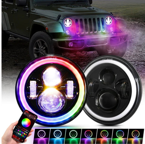 Upgraded 7 Inch Round LED Headlight with RGB Halo Ring for Jeep Wrangler JK TJ LJ