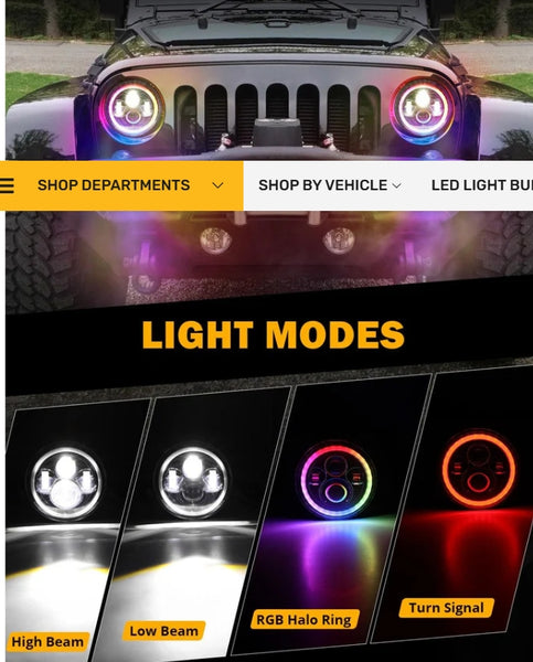 Upgraded 7 Inch Round LED Headlight with RGB Halo Ring for Jeep Wrangler JK TJ LJ