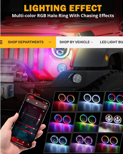 Upgraded 7 Inch Round LED Headlight with RGB Halo Ring for Jeep Wrangler JK TJ LJ