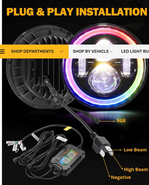 Upgraded 7 Inch Round LED Headlight with RGB Halo Ring for Jeep Wrangler JK TJ LJ