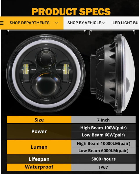 Upgraded 7 Inch Round LED Headlight with RGB Halo Ring for Jeep Wrangler JK TJ LJ