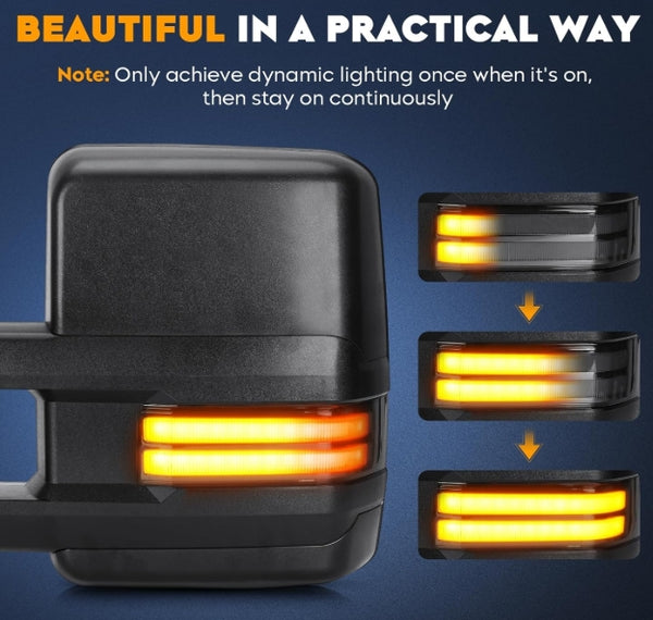 Towing Mirrors for Chevy GMC Silverado Sierra 1500 2014-18, 2500 3500 HD 2015 2016 2017 2018 Power heated with Sequence Turn Signal Folding Telescoping Pair