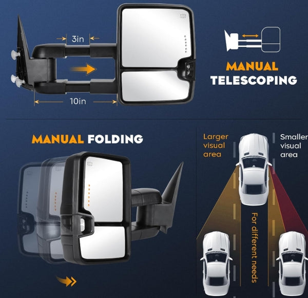 Towing Mirrors for Chevy GMC Silverado Sierra 1500 2014-18, 2500 3500 HD 2015 2016 2017 2018 Power heated with Sequence Turn Signal Folding Telescoping Pair