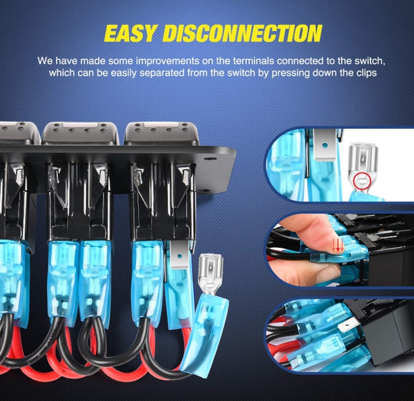 90111F 6 Gang Aluminum Rocker Switch Panel Toggle Dash 5 Pin ON/Off Pre-Wired Rocker Switch Blue Backlit Switch for Automotive Car Marine Boat RV
