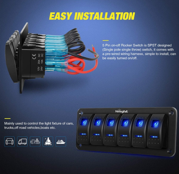 90111F 6 Gang Aluminum Rocker Switch Panel Toggle Dash 5 Pin ON/Off Pre-Wired Rocker Switch Blue Backlit Switch for Automotive Car Marine Boat RV