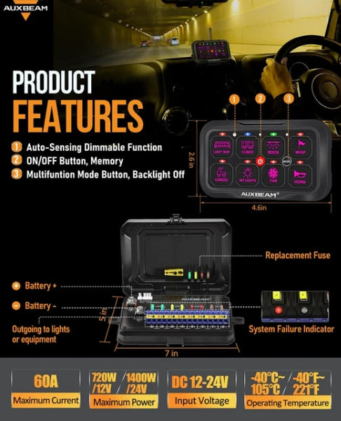 AR-800 Multifunction RGB Switch Panel with Bluetooth Controlled & 47 Inch Extension Cable(Optional) for Toyota Tacoma