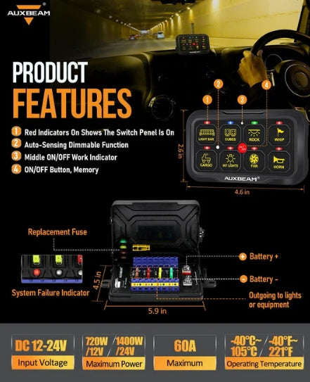 AR Series 6/8 Gang LED Switch Panel, Off Road Light Controller