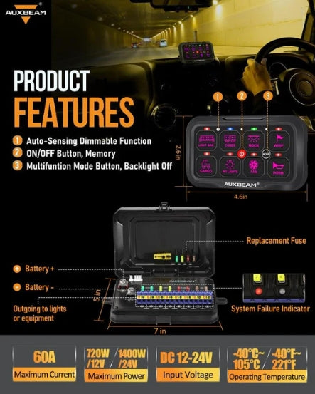 AR Series 6/8 Gang LED Switch Panel, Off Road Light Controller