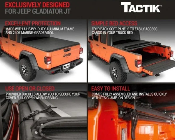 TACTIK 3033109 Tri-Fold Soft Tonneau Cover for 20-25 Jeep Gladiator JT