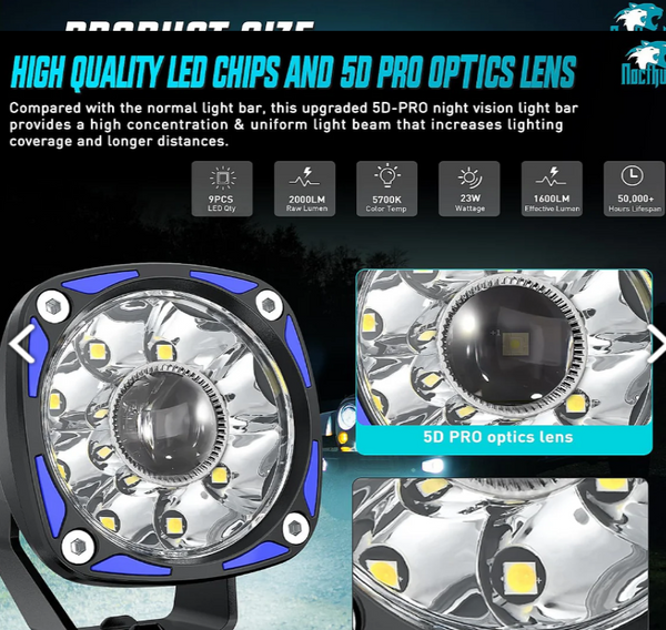 3" 9LED Round Spot Night Vision Auxiliary Ditch LED Light Pods (Pair) | 18AWG Wire 5Pin Switch