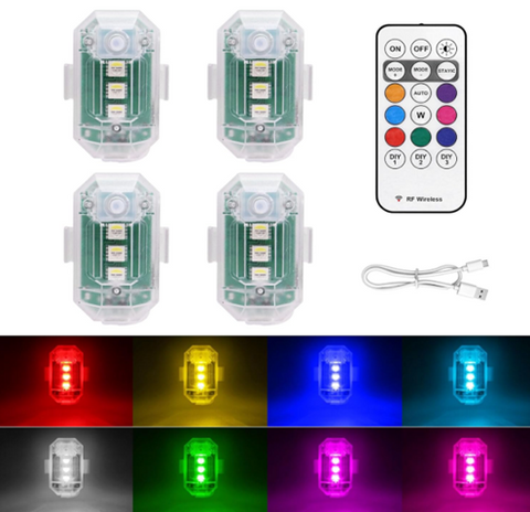 4PCS Wireless LED Strobe Lights with Remote Control, 8 Colors USB Rechargeable Anti-Collision Warning Light, High Brightness Wireless LED Lights for Car Drone Truck Motorcycle Aircraft Bike