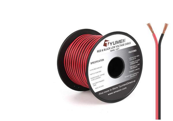 TYUMEN 100FT 16 Gauge 2pin 2 Color Red Black Cable Hookup Electrical LED Strips Extension 12V/24V DC 16AWG Flexible Wire Extension Cord for Ribbon Lamp Tape Lighting