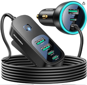 Rocoren 105W 6-Port Multiport Car Charger, PD Fast USB C Car Charger for Multiple Devices, Cigarette Lighter Adapter Car Travel Essentials for Road Trips with 5FT Cable for iPhone 16/15, Samsung S25
