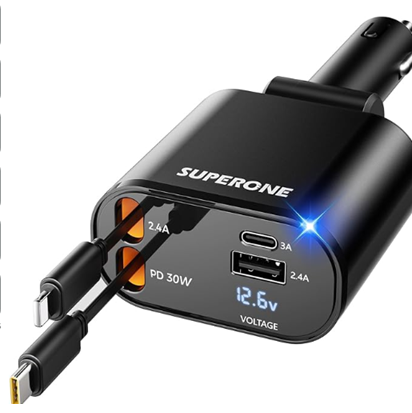 SUPERONE Retractable Car Charger 4 in 1, Fast Car Phone Charger with Cord 2.6ft, USB C and Apple Car Charger Adapter, Compatible with iPhone 16 15/15 Pro Max/14/13/12/11, Galaxy, Pixel