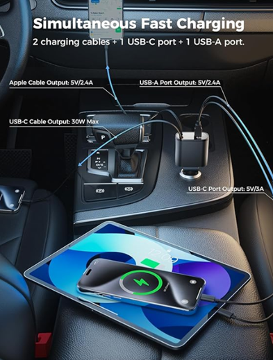 SUPERONE Retractable Car Charger 4 in 1, Fast Car Phone Charger with Cord 2.6ft, USB C and Apple Car Charger Adapter, Compatible with iPhone 16 15/15 Pro Max/14/13/12/11, Galaxy, Pixel