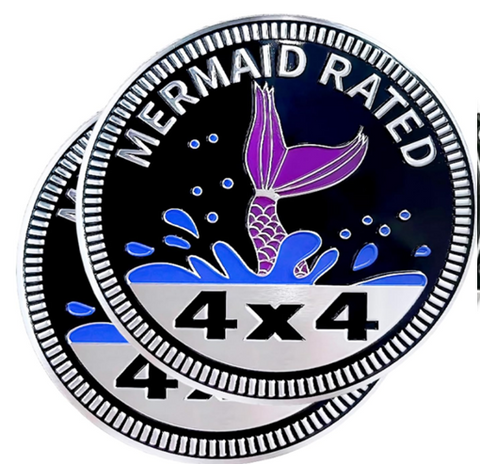 Mermaid Badge Rated Car Emblem, 4 x 4 Metal Automotive Badge, 3D Round Metal Car Badges Emblems, Car Badge Decals Stickers Compatible with Jeep Wrangler Vehicles Trucks SUV RV