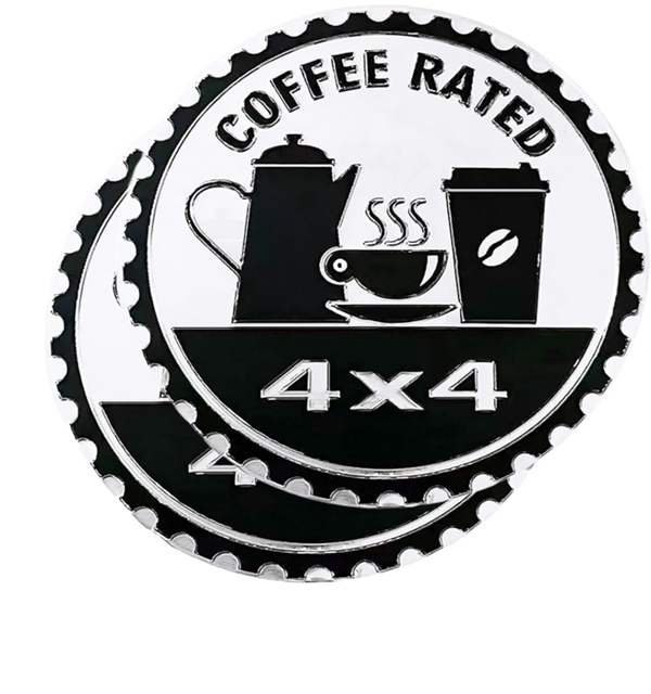 Coffee Badge Rated Car Emblem, 4 x 4 Metal Automotive Badge, 3D Round Metal Car Badges Emblems, Car Badge Decals Stickers Compatible with Jeep Wrangler Vehicles Trucks SUV RV