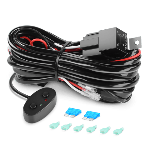 16AWG Amber White Light Bar Wire Harness Kit 2 Leads W/ 12V Push Button Switch | 2 Fuses | 6 Spade Connectors