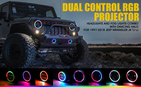 LED Headlamp & Fog Lamps Kits with Dancing Halo Compatible with 1997-2018 Jeep Wrangler JK TJ   7" RGB Headlights & 4" Fog Lights Combo with Bluetooth & IR Controlled